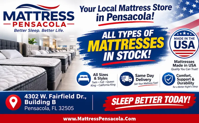 Showroom display at Mattress Pensacola featuring premium beds and sleep accessories